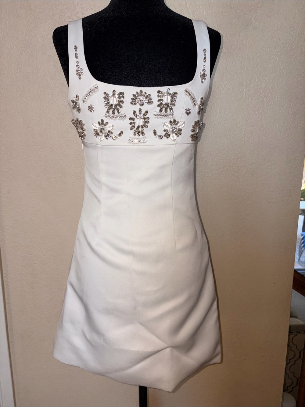 White Embellished Square-Neck Mini Dress